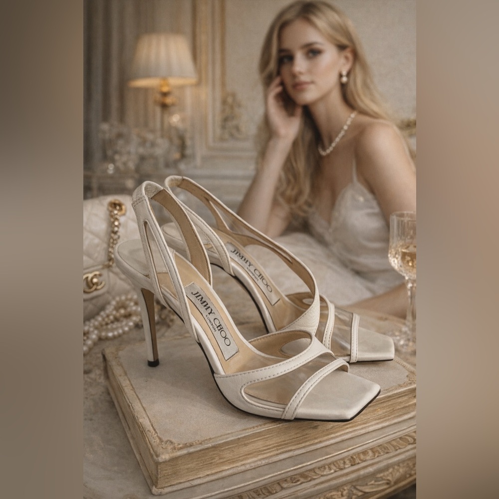 Jimmy Choo White Leather & PVC Slingback Heels Italy EU 34.5 US 4